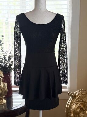 Black Lace Sleeve Peplum Dress